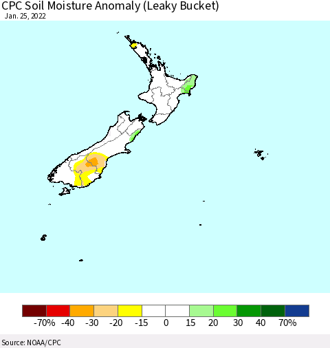 New Zealand CPC Soil Moisture Anomaly (Leaky Bucket) Thematic Map For 1/21/2022 - 1/25/2022