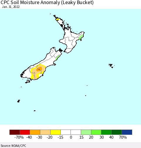 New Zealand CPC Soil Moisture Anomaly (Leaky Bucket) Thematic Map For 1/26/2022 - 1/31/2022
