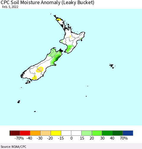 New Zealand CPC Soil Moisture Anomaly (Leaky Bucket) Thematic Map For 2/1/2022 - 2/5/2022