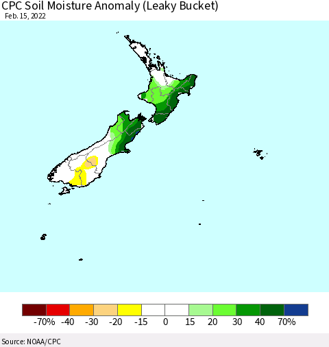 New Zealand CPC Soil Moisture Anomaly (Leaky Bucket) Thematic Map For 2/11/2022 - 2/15/2022