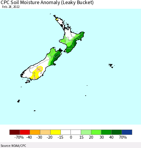 New Zealand CPC Soil Moisture Anomaly (Leaky Bucket) Thematic Map For 2/26/2022 - 2/28/2022