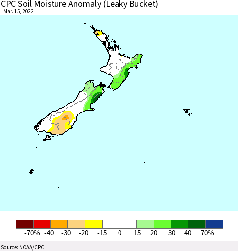New Zealand CPC Soil Moisture Anomaly (Leaky Bucket) Thematic Map For 3/11/2022 - 3/15/2022