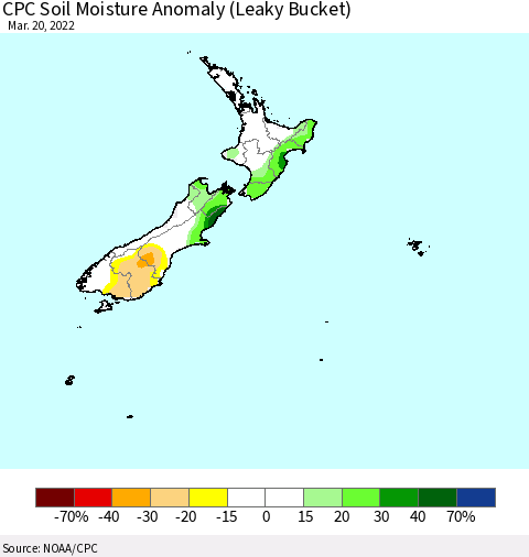 New Zealand CPC Soil Moisture Anomaly (Leaky Bucket) Thematic Map For 3/16/2022 - 3/20/2022