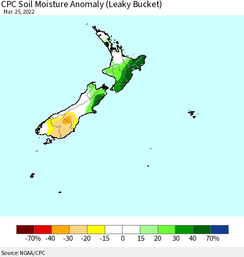 New Zealand CPC Soil Moisture Anomaly (Leaky Bucket) Thematic Map For 3/21/2022 - 3/25/2022