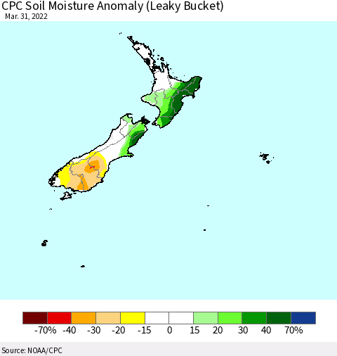 New Zealand CPC Soil Moisture Anomaly (Leaky Bucket) Thematic Map For 3/26/2022 - 3/31/2022