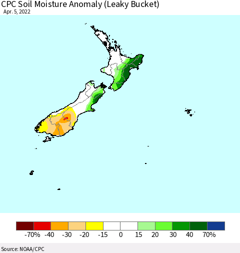 New Zealand CPC Soil Moisture Anomaly (Leaky Bucket) Thematic Map For 4/1/2022 - 4/5/2022