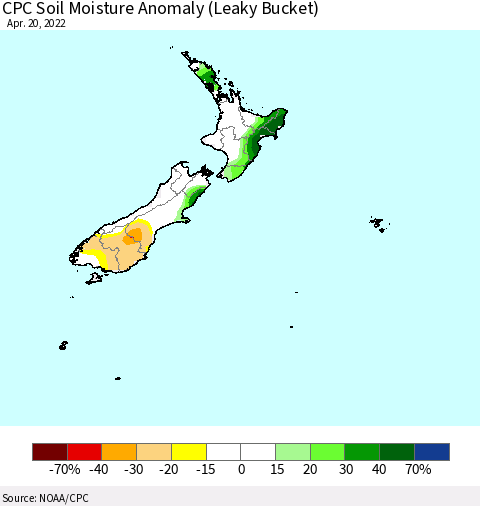 New Zealand CPC Soil Moisture Anomaly (Leaky Bucket) Thematic Map For 4/16/2022 - 4/20/2022