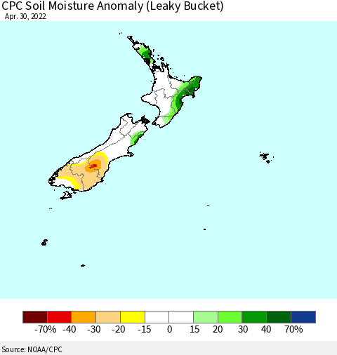 New Zealand CPC Soil Moisture Anomaly (Leaky Bucket) Thematic Map For 4/26/2022 - 4/30/2022