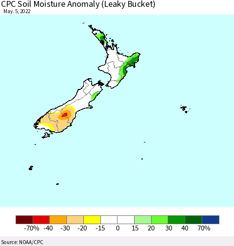 New Zealand CPC Soil Moisture Anomaly (Leaky Bucket) Thematic Map For 5/1/2022 - 5/5/2022