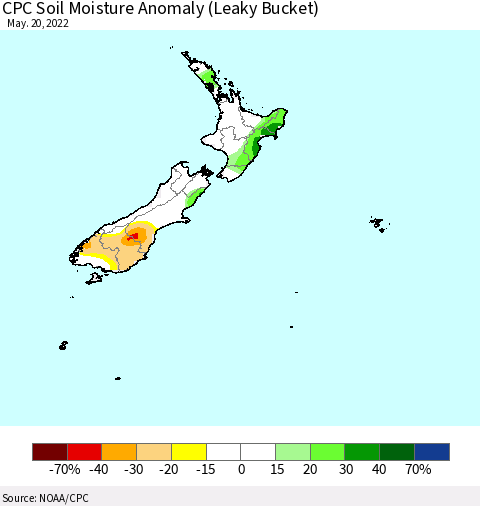 New Zealand CPC Soil Moisture Anomaly (Leaky Bucket) Thematic Map For 5/16/2022 - 5/20/2022