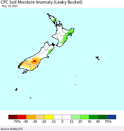 New Zealand CPC Soil Moisture Anomaly (Leaky Bucket) Thematic Map For 5/21/2022 - 5/25/2022