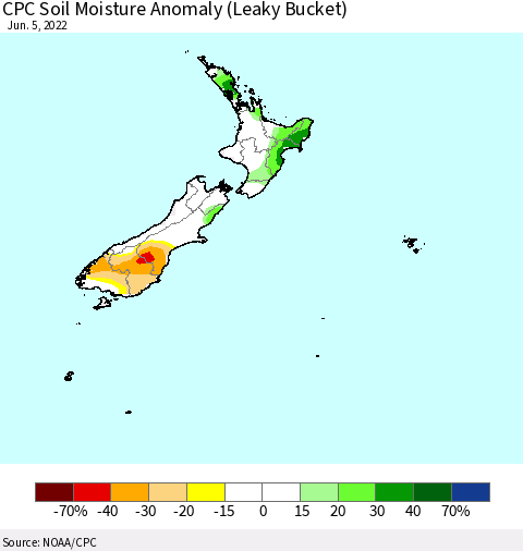 New Zealand CPC Soil Moisture Anomaly (Leaky Bucket) Thematic Map For 6/1/2022 - 6/5/2022