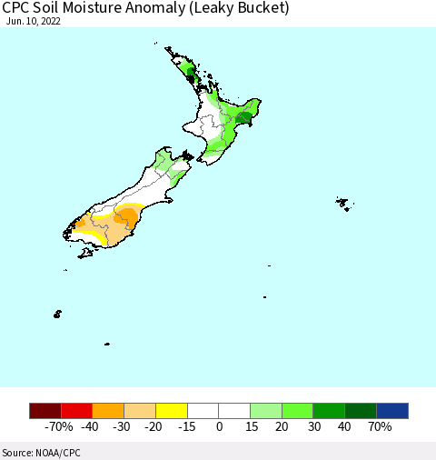 New Zealand CPC Soil Moisture Anomaly (Leaky Bucket) Thematic Map For 6/6/2022 - 6/10/2022