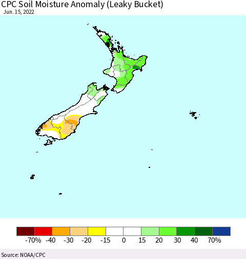 New Zealand CPC Soil Moisture Anomaly (Leaky Bucket) Thematic Map For 6/11/2022 - 6/15/2022