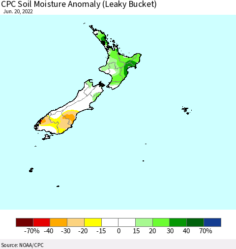 New Zealand CPC Soil Moisture Anomaly (Leaky Bucket) Thematic Map For 6/16/2022 - 6/20/2022