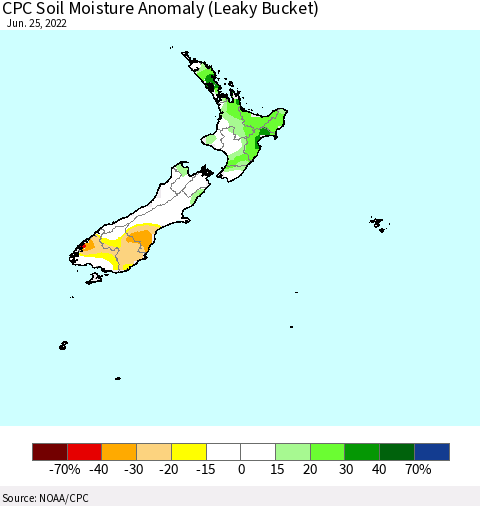 New Zealand CPC Soil Moisture Anomaly (Leaky Bucket) Thematic Map For 6/21/2022 - 6/25/2022