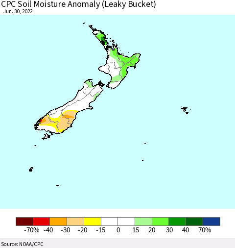 New Zealand CPC Soil Moisture Anomaly (Leaky Bucket) Thematic Map For 6/26/2022 - 6/30/2022