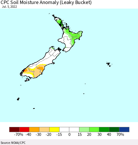 New Zealand CPC Soil Moisture Anomaly (Leaky Bucket) Thematic Map For 7/1/2022 - 7/5/2022