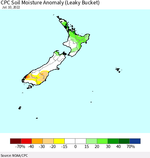 New Zealand CPC Soil Moisture Anomaly (Leaky Bucket) Thematic Map For 7/6/2022 - 7/10/2022