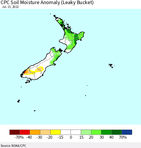 New Zealand CPC Soil Moisture Anomaly (Leaky Bucket) Thematic Map For 7/11/2022 - 7/15/2022