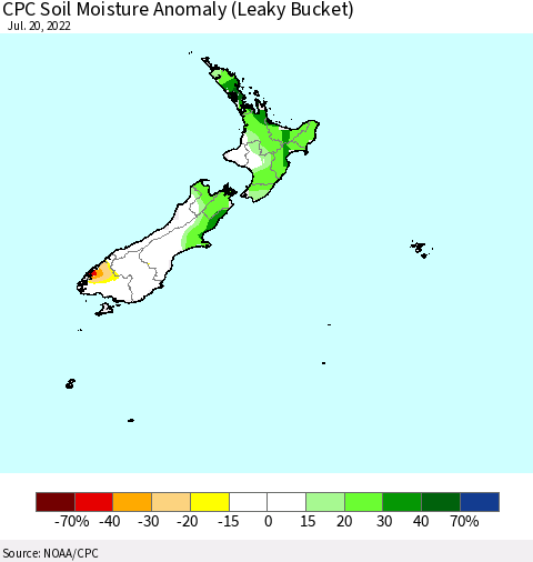 New Zealand CPC Soil Moisture Anomaly (Leaky Bucket) Thematic Map For 7/16/2022 - 7/20/2022