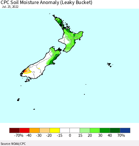 New Zealand CPC Soil Moisture Anomaly (Leaky Bucket) Thematic Map For 7/21/2022 - 7/25/2022
