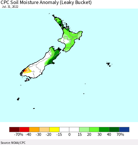 New Zealand CPC Soil Moisture Anomaly (Leaky Bucket) Thematic Map For 7/26/2022 - 7/31/2022