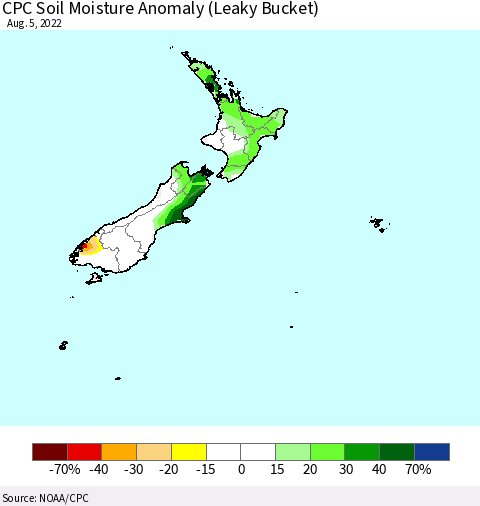 New Zealand CPC Soil Moisture Anomaly (Leaky Bucket) Thematic Map For 8/1/2022 - 8/5/2022