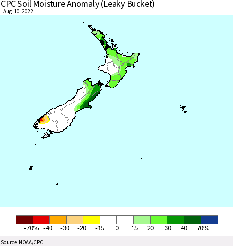 New Zealand CPC Soil Moisture Anomaly (Leaky Bucket) Thematic Map For 8/6/2022 - 8/10/2022
