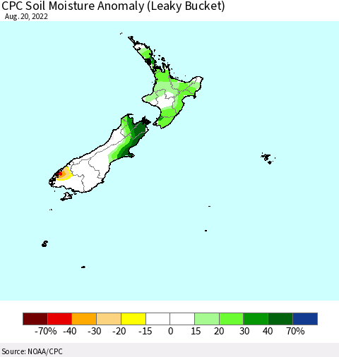 New Zealand CPC Soil Moisture Anomaly (Leaky Bucket) Thematic Map For 8/16/2022 - 8/20/2022