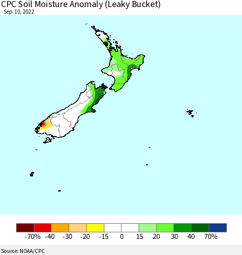 New Zealand CPC Soil Moisture Anomaly (Leaky Bucket) Thematic Map For 9/6/2022 - 9/10/2022