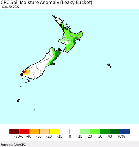 New Zealand CPC Soil Moisture Anomaly (Leaky Bucket) Thematic Map For 9/16/2022 - 9/20/2022