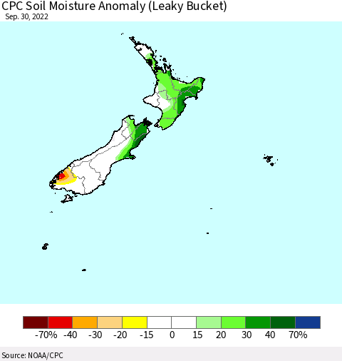 New Zealand CPC Soil Moisture Anomaly (Leaky Bucket) Thematic Map For 9/26/2022 - 9/30/2022