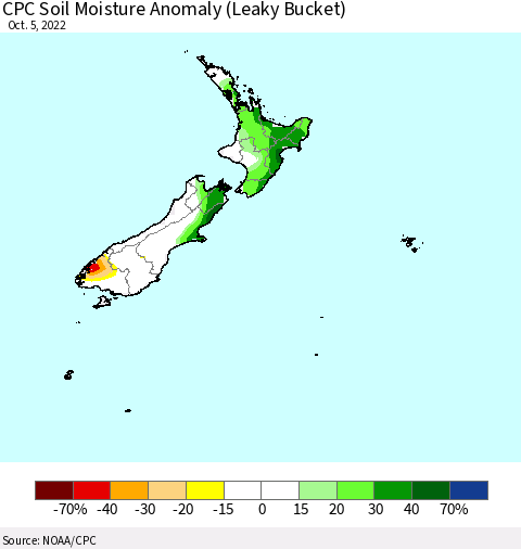New Zealand CPC Soil Moisture Anomaly (Leaky Bucket) Thematic Map For 10/1/2022 - 10/5/2022