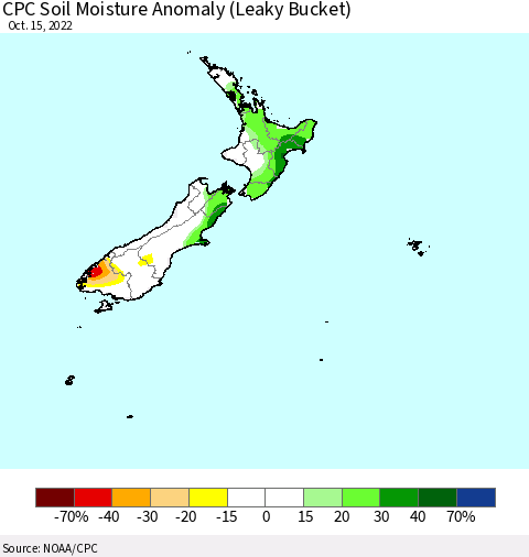 New Zealand CPC Soil Moisture Anomaly (Leaky Bucket) Thematic Map For 10/11/2022 - 10/15/2022