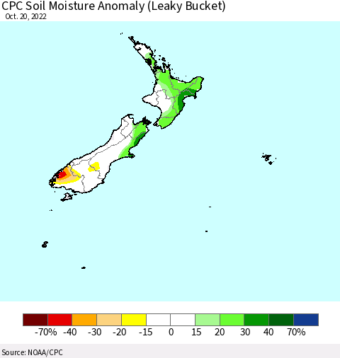 New Zealand CPC Soil Moisture Anomaly (Leaky Bucket) Thematic Map For 10/16/2022 - 10/20/2022