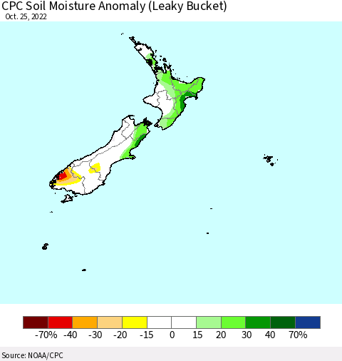 New Zealand CPC Soil Moisture Anomaly (Leaky Bucket) Thematic Map For 10/21/2022 - 10/25/2022