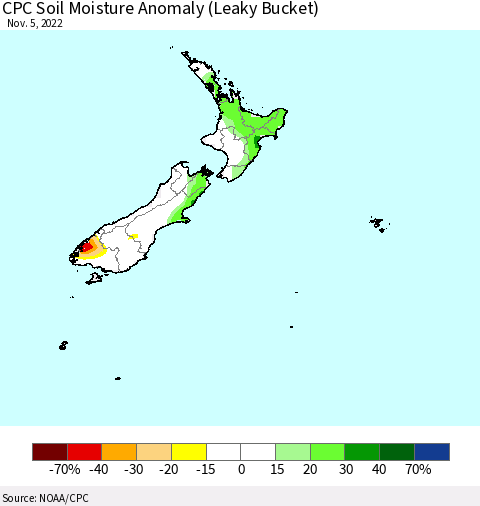 New Zealand CPC Soil Moisture Anomaly (Leaky Bucket) Thematic Map For 11/1/2022 - 11/5/2022