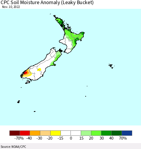 New Zealand CPC Soil Moisture Anomaly (Leaky Bucket) Thematic Map For 11/6/2022 - 11/10/2022