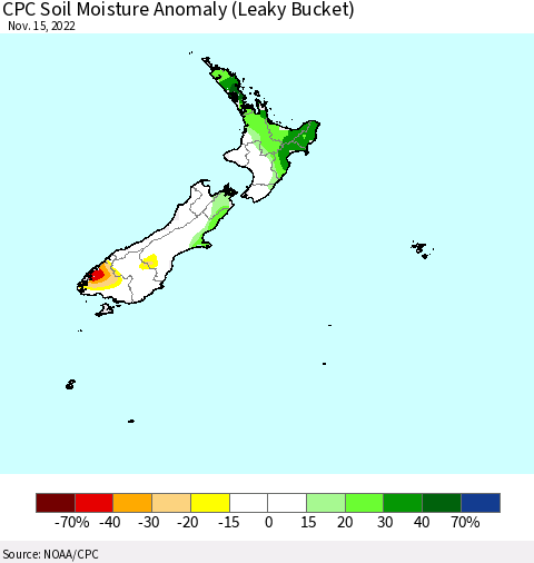 New Zealand CPC Soil Moisture Anomaly (Leaky Bucket) Thematic Map For 11/11/2022 - 11/15/2022