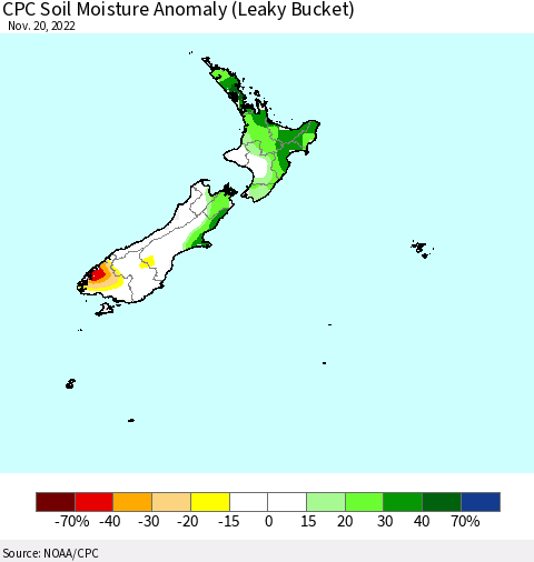 New Zealand CPC Soil Moisture Anomaly (Leaky Bucket) Thematic Map For 11/16/2022 - 11/20/2022