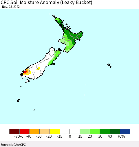 New Zealand CPC Soil Moisture Anomaly (Leaky Bucket) Thematic Map For 11/21/2022 - 11/25/2022
