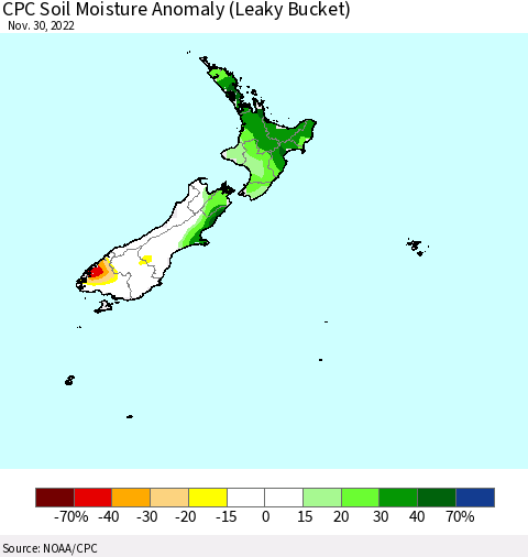 New Zealand CPC Soil Moisture Anomaly (Leaky Bucket) Thematic Map For 11/26/2022 - 11/30/2022