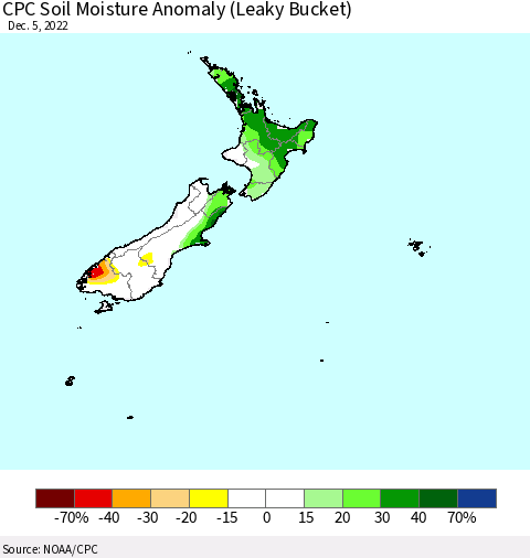 New Zealand CPC Soil Moisture Anomaly (Leaky Bucket) Thematic Map For 12/1/2022 - 12/5/2022