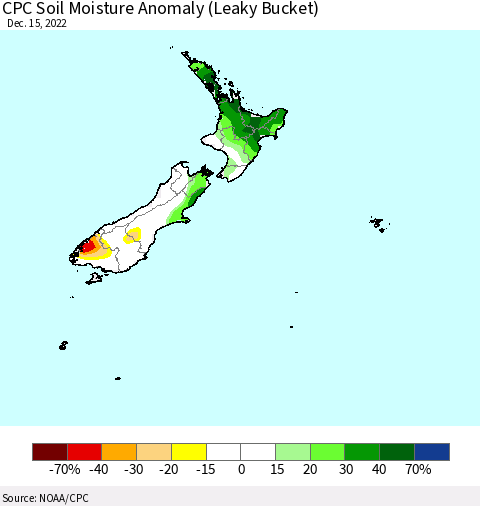 New Zealand CPC Soil Moisture Anomaly (Leaky Bucket) Thematic Map For 12/11/2022 - 12/15/2022