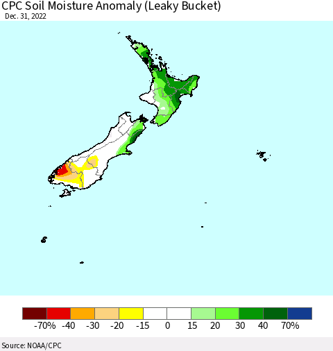 New Zealand CPC Soil Moisture Anomaly (Leaky Bucket) Thematic Map For 12/26/2022 - 12/31/2022