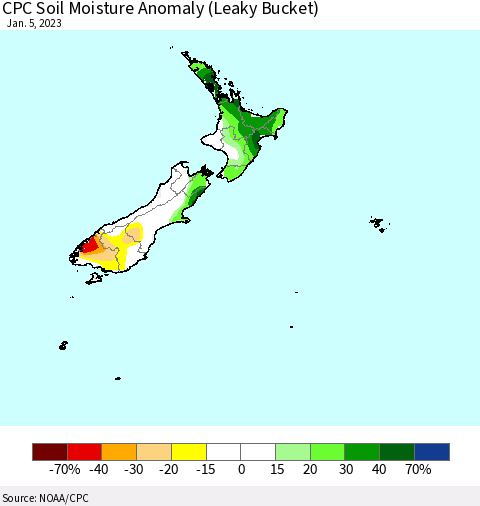 New Zealand CPC Soil Moisture Anomaly (Leaky Bucket) Thematic Map For 1/1/2023 - 1/5/2023