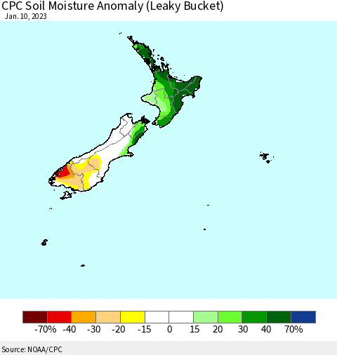 New Zealand CPC Soil Moisture Anomaly (Leaky Bucket) Thematic Map For 1/6/2023 - 1/10/2023