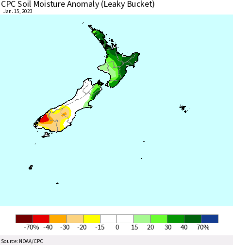 New Zealand CPC Soil Moisture Anomaly (Leaky Bucket) Thematic Map For 1/11/2023 - 1/15/2023