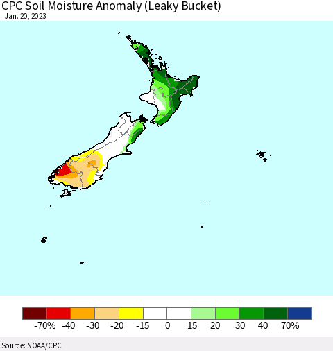 New Zealand CPC Soil Moisture Anomaly (Leaky Bucket) Thematic Map For 1/16/2023 - 1/20/2023